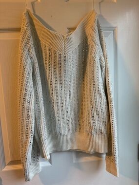 INC International Concepts Cream Off-Shoulder Knit Sweater with Sparkle